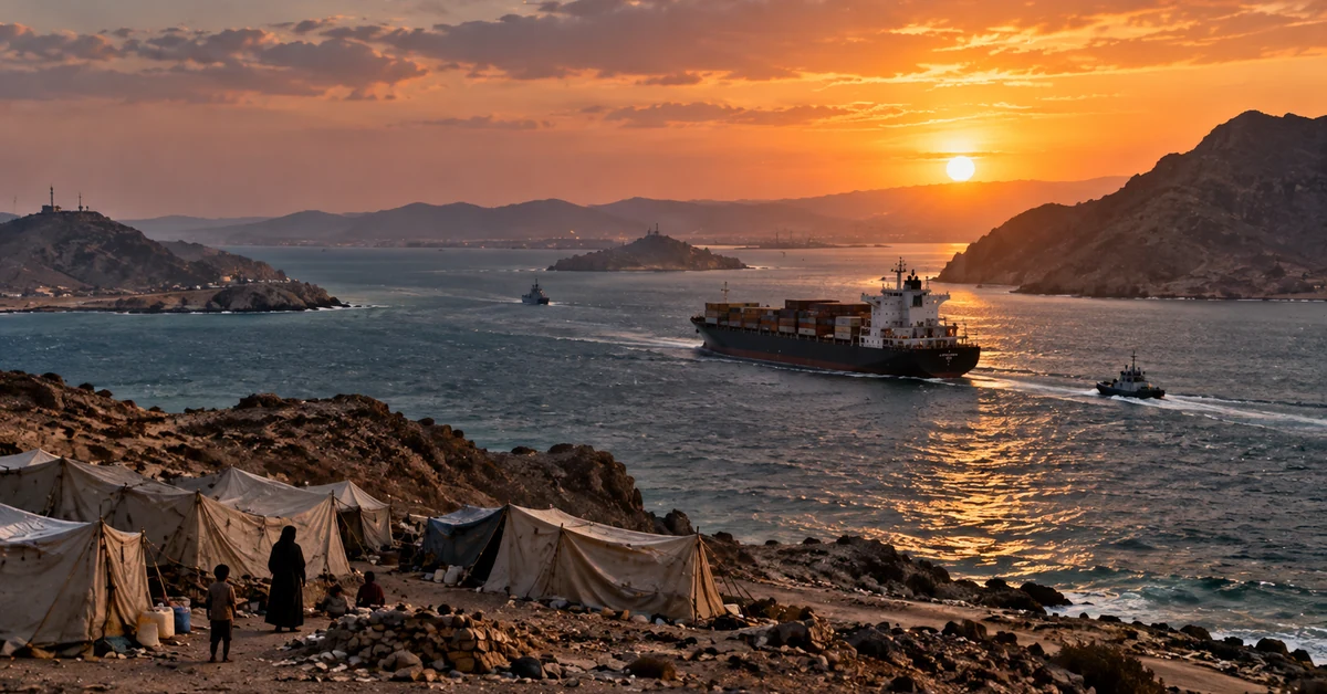Displaced families in a coastal camp overlooking shipping through the Bab el-Mandeb region at sunset.