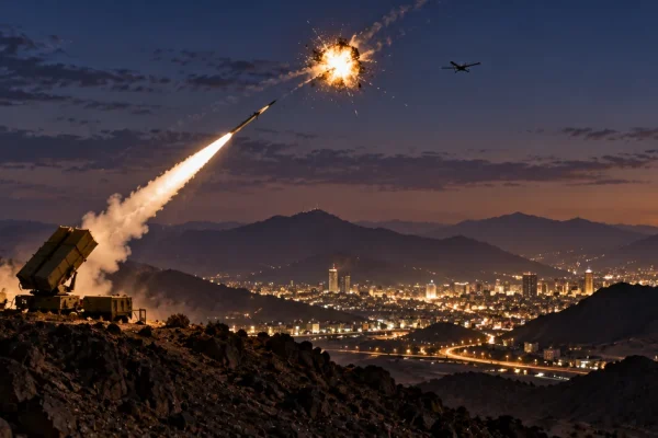 An air defence system intercepting a drone over mountainous terrain near a Saudi city at dusk.