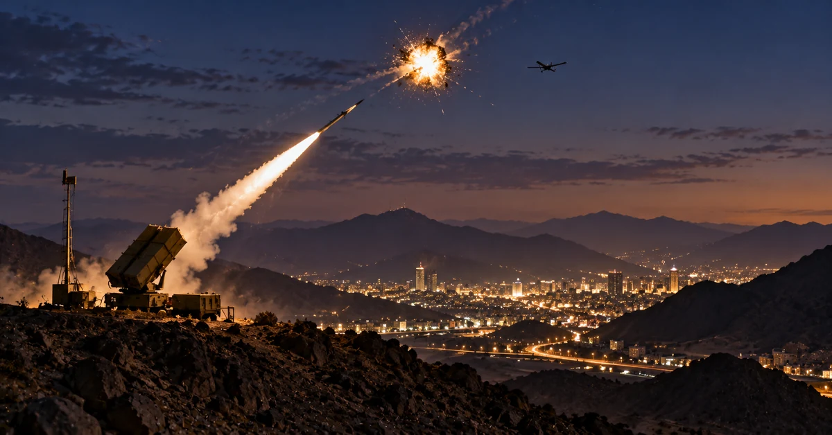 An air defence system intercepting a drone over mountainous terrain near a Saudi city at dusk.
