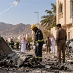 Illustration of Saudi emergency crews examining drone wreckage and damage after an interception over Taif.