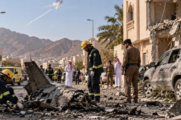 Illustration of Saudi emergency crews examining drone wreckage and damage after an interception over Taif.