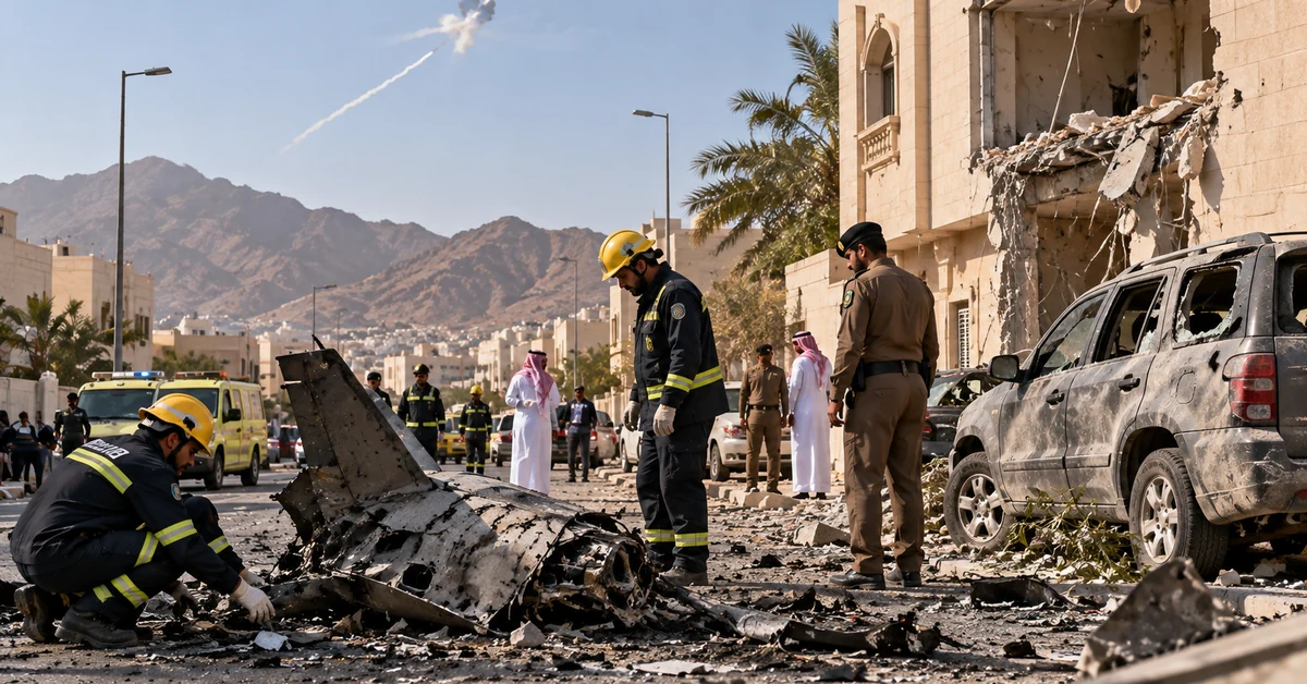 Illustration of Saudi emergency crews examining drone wreckage and damage after an interception over Taif.