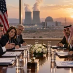 Illustration of US and Saudi officials negotiating a civil nuclear agreement with a nuclear power station visible in the background.