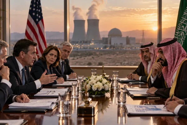 Illustration of US and Saudi officials negotiating a civil nuclear agreement with a nuclear power station visible in the background.