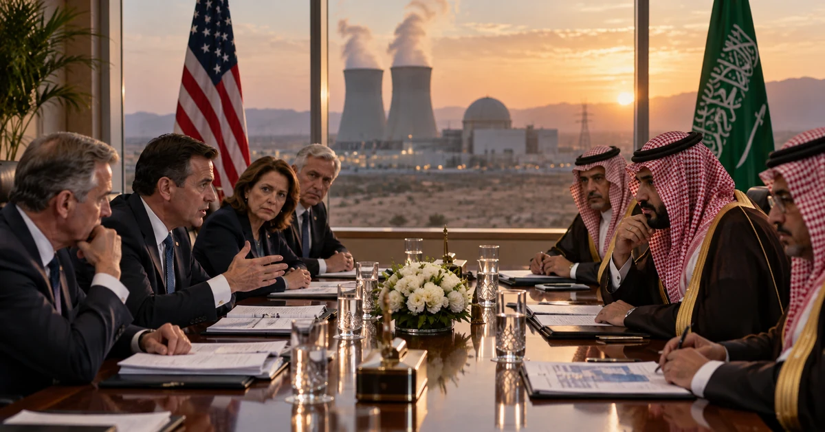 Illustration of US and Saudi officials negotiating a civil nuclear agreement with a nuclear power station visible in the background.