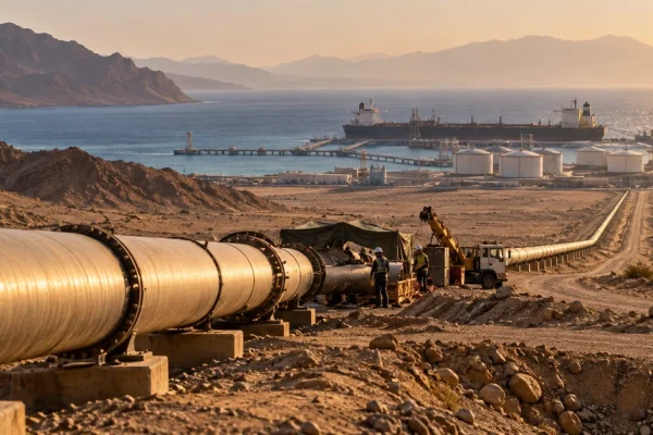 Illustration of an oil pipeline crossing desert terrain towards a Red Sea export terminal.
