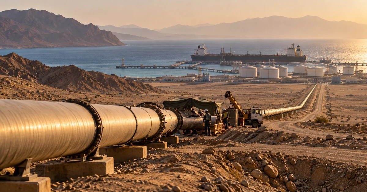Illustration of an oil pipeline crossing desert terrain towards a Red Sea export terminal.