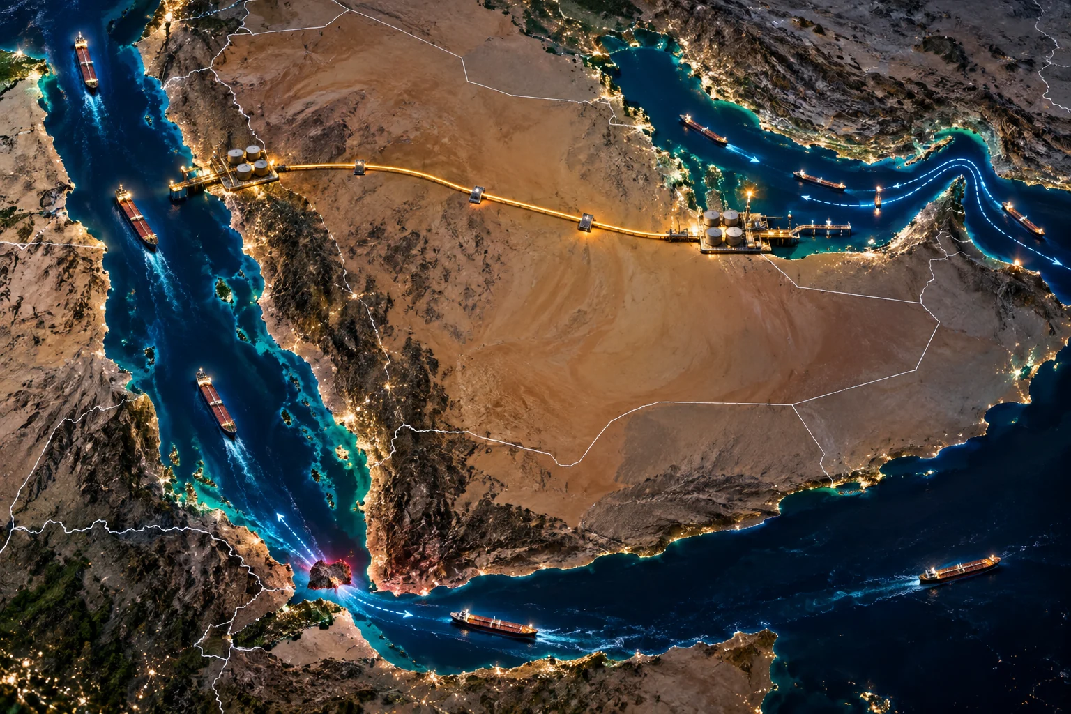 Satellite-style view of the Arabian Peninsula showing Saudi oil infrastructure and shipping routes through Hormuz and the Red Sea