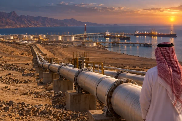 Saudi oil pipeline running towards a Red Sea export terminal and tankers at sunset
