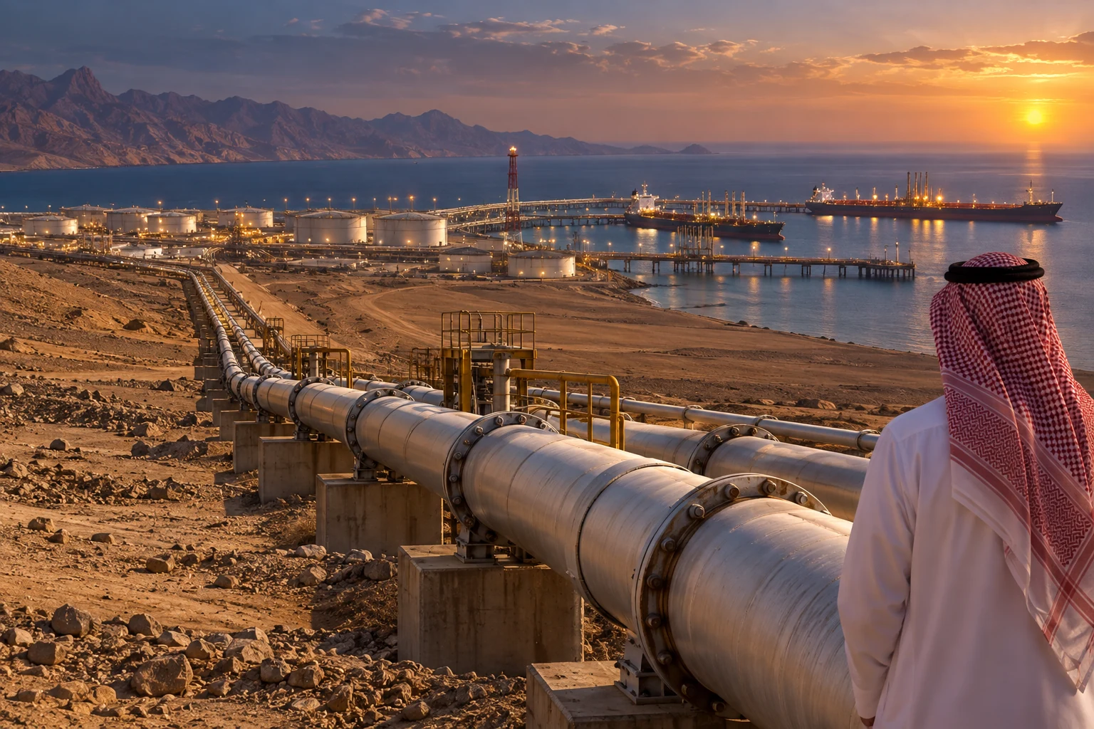 Saudi oil pipeline running towards a Red Sea export terminal and tankers at sunset