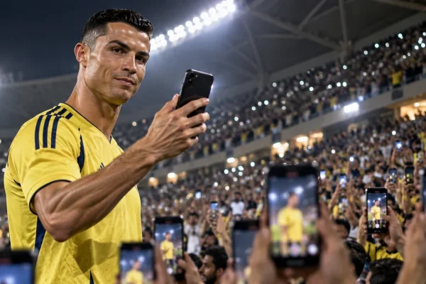 Illustration of a Ronaldo-like football star using a smartphone in a packed stadium as supporters hold up their phones.