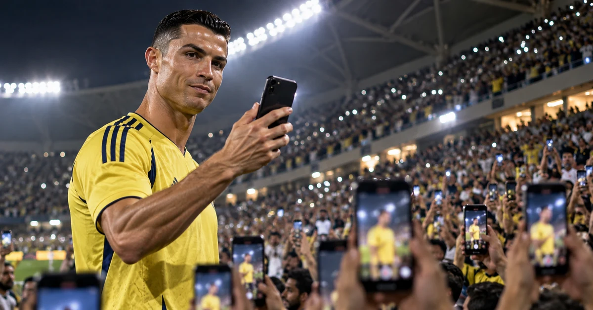 Illustration of a Ronaldo-like football star using a smartphone in a packed stadium as supporters hold up their phones.