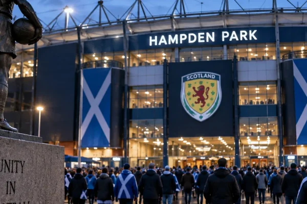 Scotland supporters arriving at a floodlit football stadium, illustrating expanded alcohol sales trials at Hampden Park.