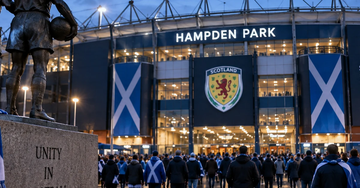 Scotland supporters arriving at a floodlit football stadium, illustrating expanded alcohol sales trials at Hampden Park.