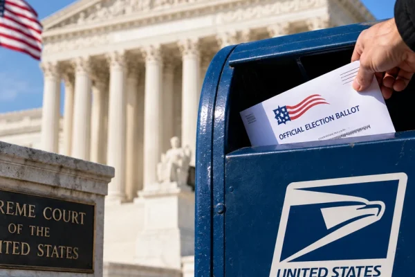 Mail ballot being placed into a U.S. Postal Service mailbox with the U.S. Supreme Court in the background