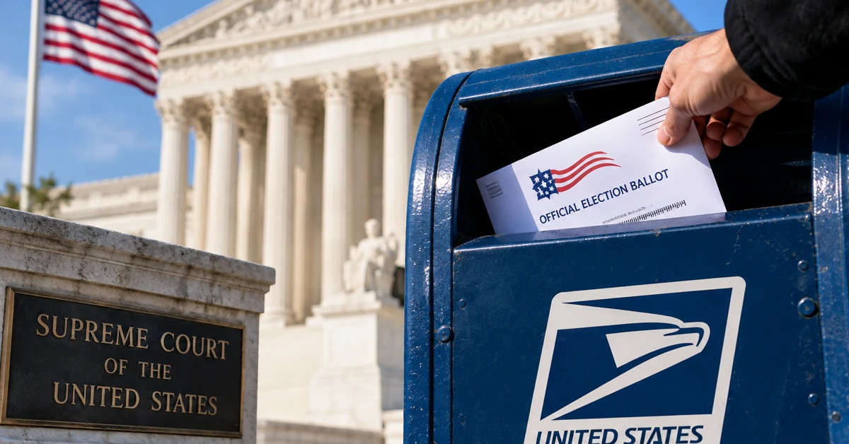 Mail ballot being placed into a U.S. Postal Service mailbox with the U.S. Supreme Court in the background