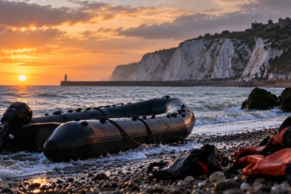 AI-generated editorial illustration of an abandoned small boat on the Kent coast after reaching shore.