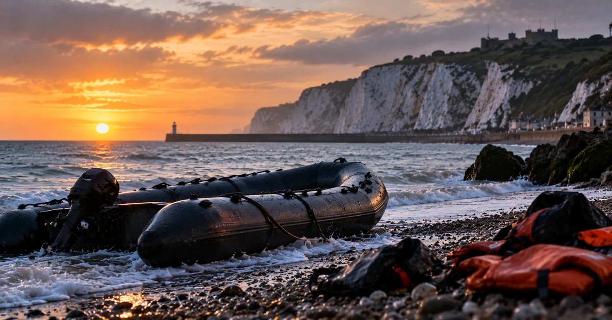 AI-generated editorial illustration of an abandoned small boat on the Kent coast after reaching shore.