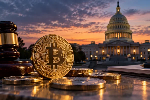 Cryptocurrency coins and a judge's gavel with the U.S. Capitol in the background, illustrating the Senate crypto regulation dispute.