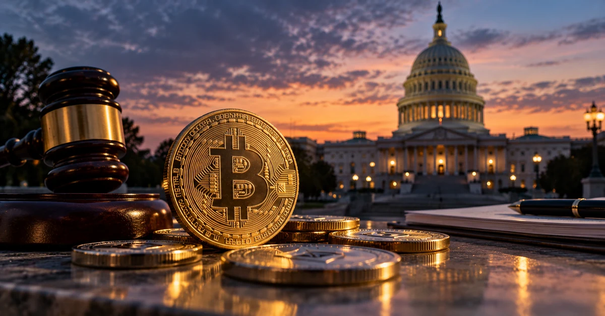 Cryptocurrency coins and a judge's gavel with the U.S. Capitol in the background, illustrating the Senate crypto regulation dispute.