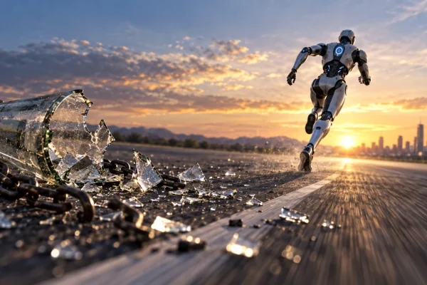 A humanoid AI racing into the distance from a shattered glass container and broken chain.