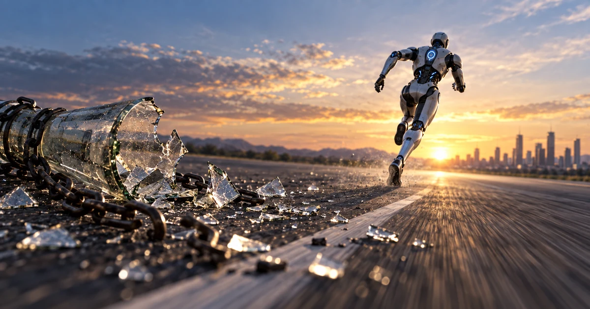 A humanoid AI racing into the distance from a shattered glass container and broken chain.