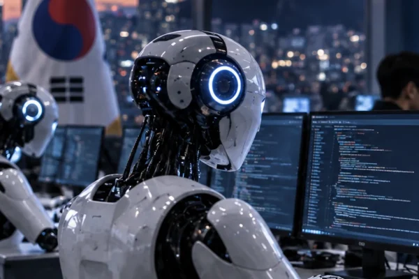 Autonomous AI systems operating computers in a South Korean technology environment, illustrating new cybersecurity guidance for agentic AI.