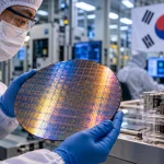 Semiconductor engineer inspecting a silicon wafer in a South Korean chip fabrication facility