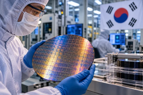 Semiconductor engineer inspecting a silicon wafer in a South Korean chip fabrication facility