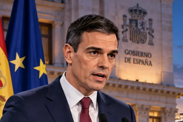 Editorial illustration of Spain's prime minister speaking with large-scale computing infrastructure in the background, representing the country's new AI strategy.