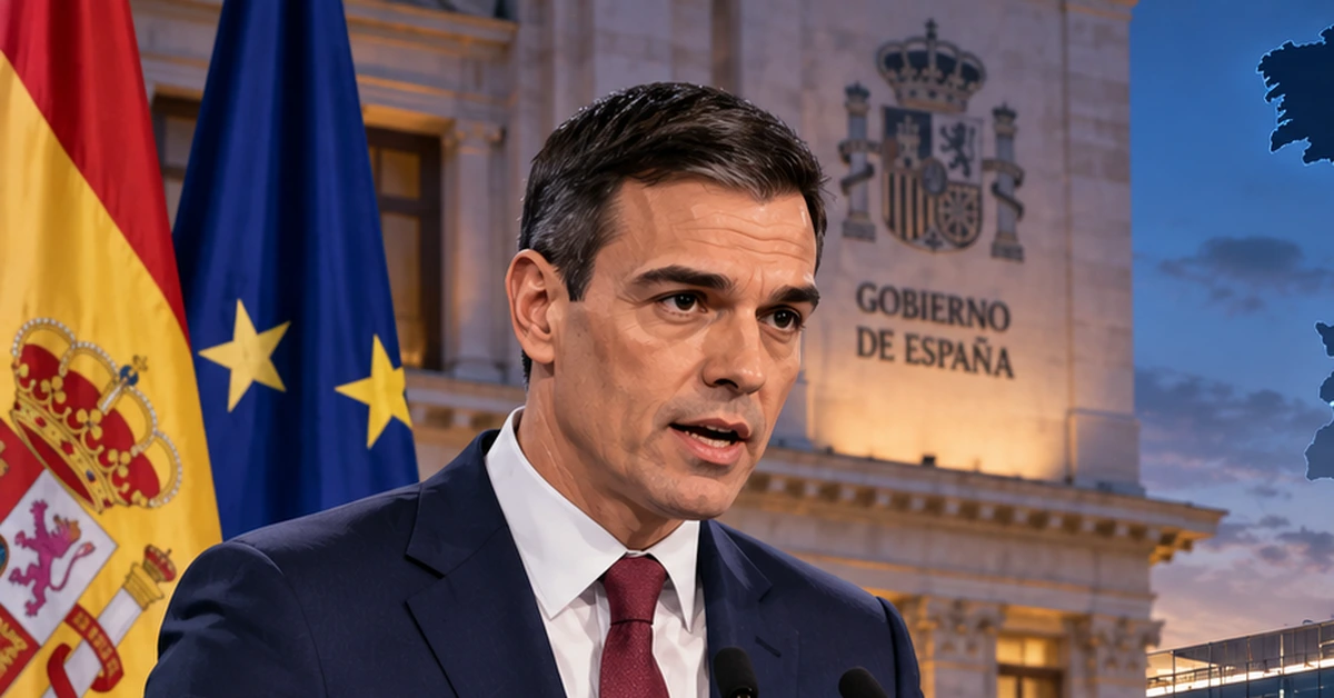 Editorial illustration of Spain's prime minister speaking with large-scale computing infrastructure in the background, representing the country's new AI strategy.