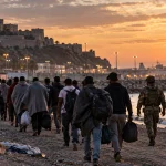 Editorial illustration of migrants being escorted from a beach by Spanish security personnel in Ceuta.