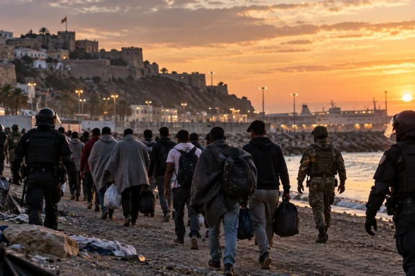 Editorial illustration of migrants being escorted from a beach by Spanish security personnel in Ceuta.