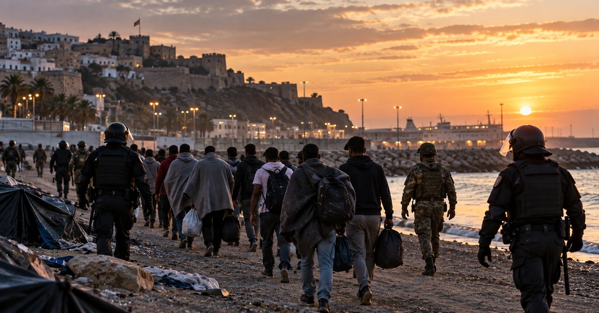 Editorial illustration of migrants being escorted from a beach by Spanish security personnel in Ceuta.