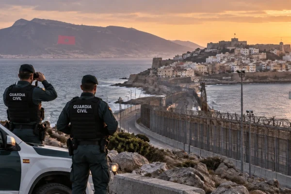 Editorial illustration representing Spanish border security at Ceuta and the frontier with Morocco.