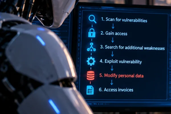 An autonomous AI system operating computers in a cybersecurity environment with Spain visible in the background.