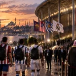 Illustration of Spanish football clubs arriving at a major stadium in Istanbul with Turkish and Saudi flags visible.