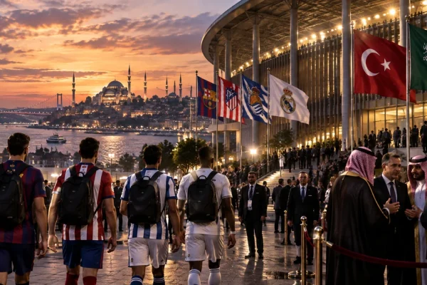 Illustration of Spanish football clubs arriving at a major stadium in Istanbul with Turkish and Saudi flags visible.