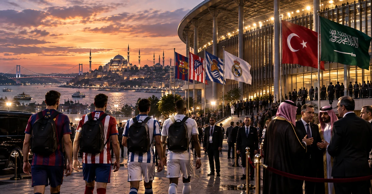 Illustration of Spanish football clubs arriving at a major stadium in Istanbul with Turkish and Saudi flags visible.