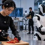 Editorial illustration of a motion-capture worker cutting vegetables while a humanoid robot observes beside an open refrigerator in a robotics lab.