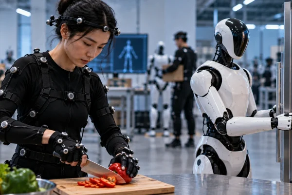 Editorial illustration of a motion-capture worker cutting vegetables while a humanoid robot observes beside an open refrigerator in a robotics lab.