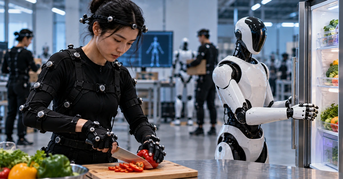 Editorial illustration of a motion-capture worker cutting vegetables while a humanoid robot observes beside an open refrigerator in a robotics lab.