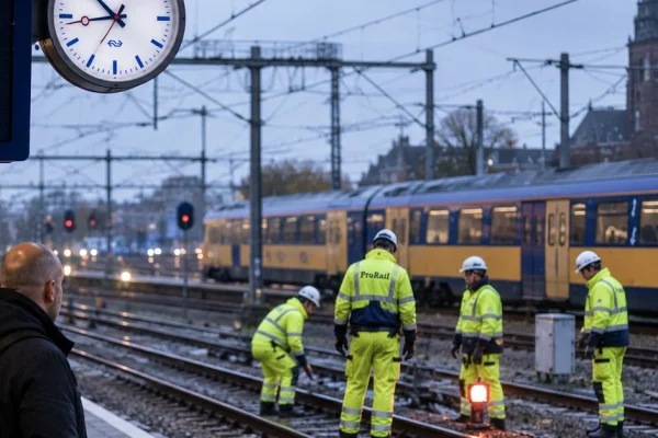 Rail workers inspecting tracks beside a disrupted Dutch train service, illustrating suspected sabotage on the Netherlands rail network.