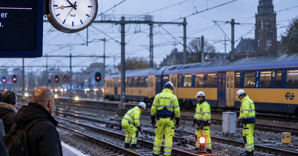 Rail workers inspecting tracks beside a disrupted Dutch train service, illustrating suspected sabotage on the Netherlands rail network.