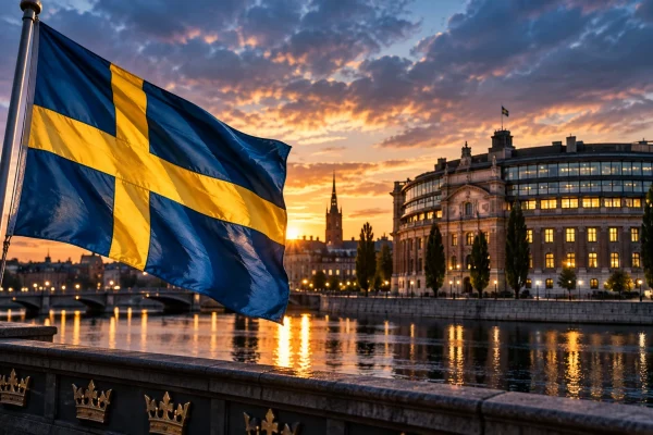 Swedish flag overlooking Stockholm and government buildings at sunset