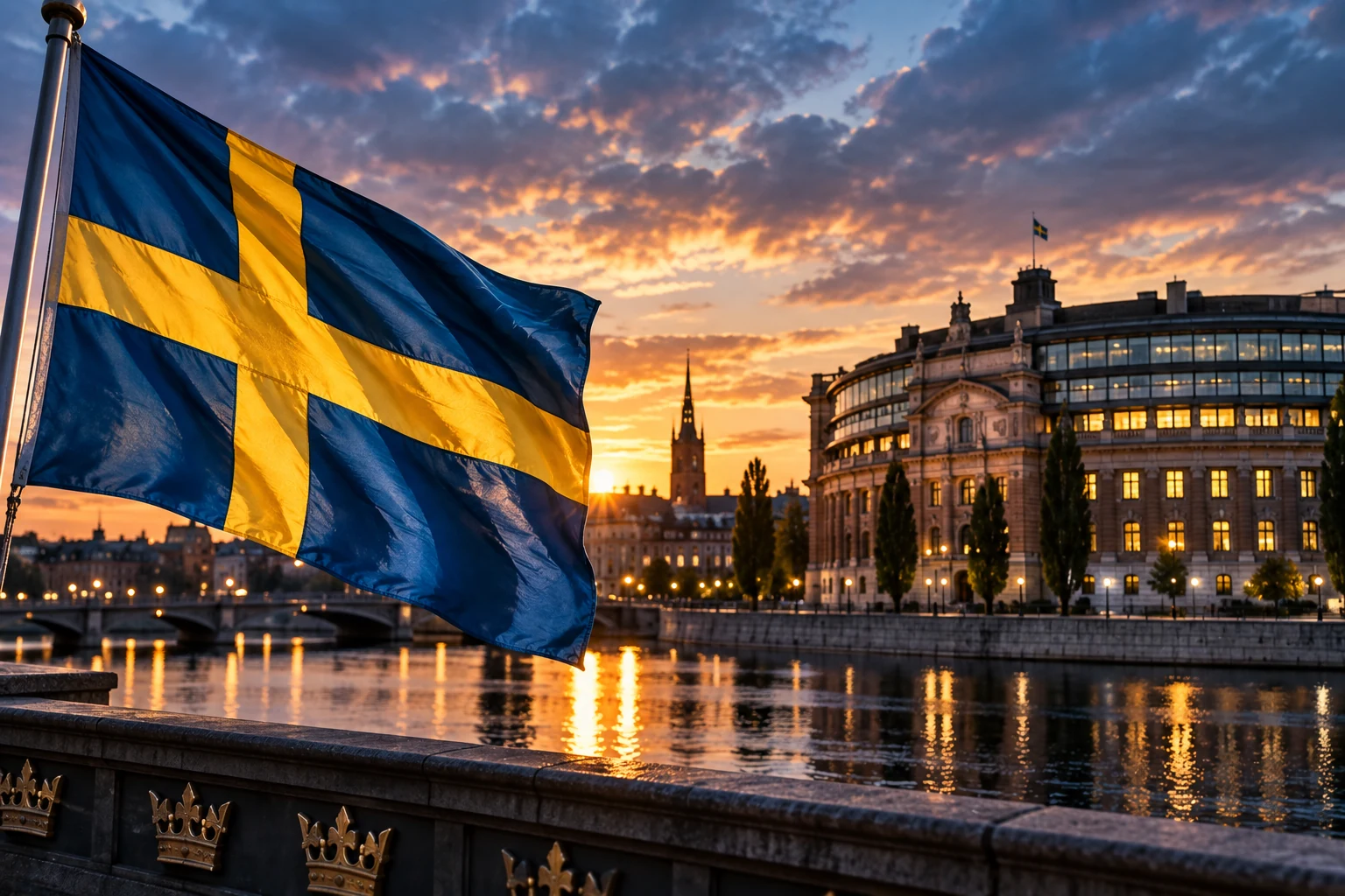 Swedish flag overlooking Stockholm and government buildings at sunset
