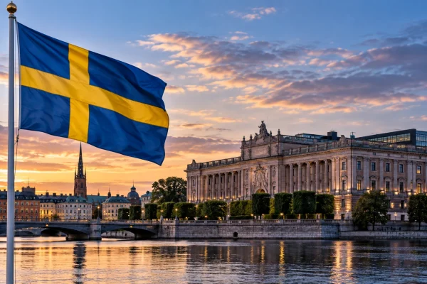 Swedish flag overlooking Stockholm parliament buildings at sunset