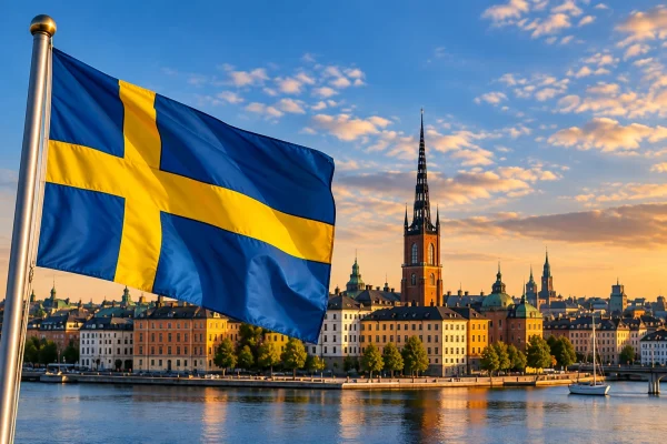 Swedish flag flying over Stockholm ahead of Sweden's 2026 general election