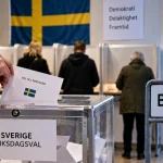 AI-generated editorial illustration representing voting in Borlänge during Sweden's parliamentary election.
