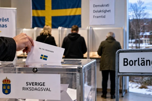 AI-generated editorial illustration representing voting in Borlänge during Sweden's parliamentary election.